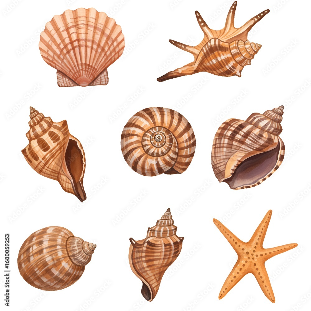 Obraz premium Watercolor illustration of diverse seashells and a starfish on white displaying textures.
