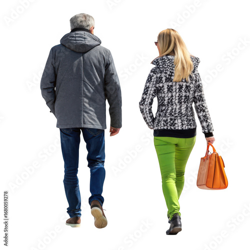 Man and woman walking together wearing casual outerwear isolated on transparent background