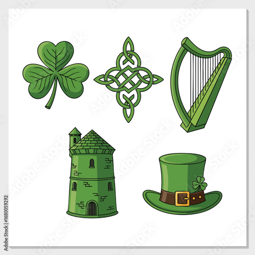 A collection of five green Irish symbols including a shamrock Celtic knot harp castle and leprechaun hat.