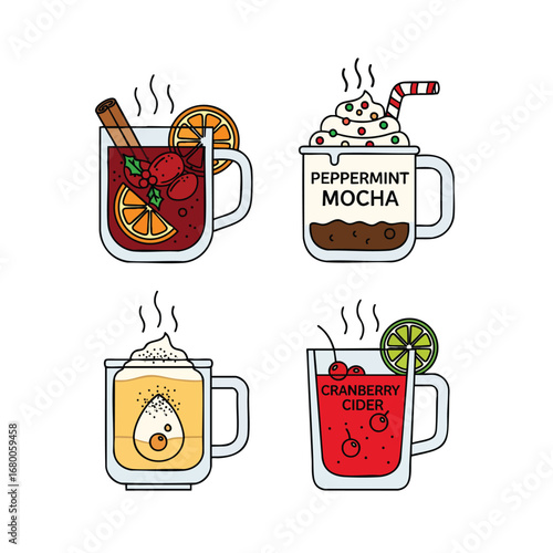 A collection of four illustrated hot winter drinks including mulled wine peppermint mocha eggnog and cranberry cider.