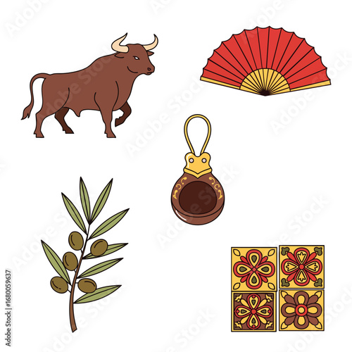 A collection of handdrawn Spanish cultural icons including a bull red fan castanets olive branch and decorative tiles.