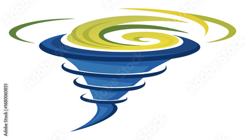 Abstract vector graphic of a stylized blue and green vortex or tornado shape, suggesting intense rotation, speed, or a dynamic funnel effect. Concept for power, environment, and energy.