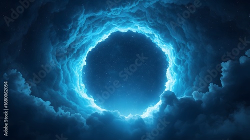 Dramatic circular portal of glowing blue clouds opening into starry night sky, surreal cosmic gateway concept perfect for fantasy, science fiction, and mystical atmospheric background design