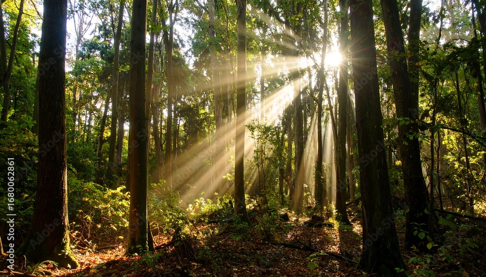 Fototapeta premium Sunlight streams through a dense forest