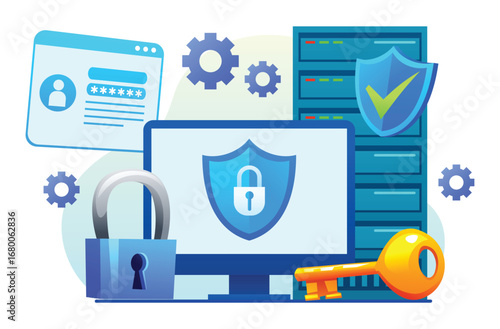 Computer monitor with a security shield and padlock, a server rack, a key, and a password page. Vector cartoon illustration