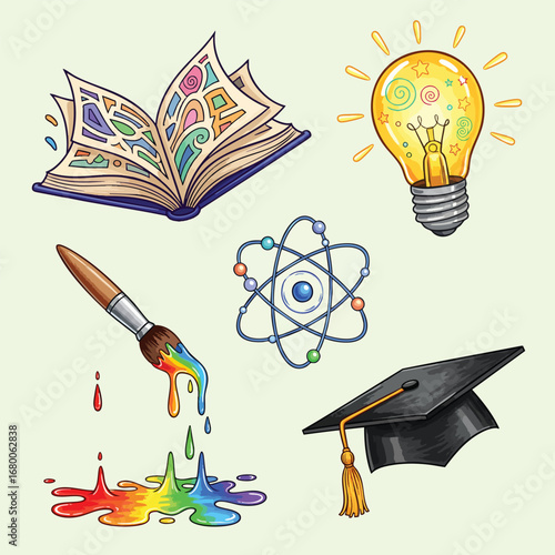 Set of colorful handdrawn icons for education science and art including a book lightbulb atom paintbrush and graduation cap.