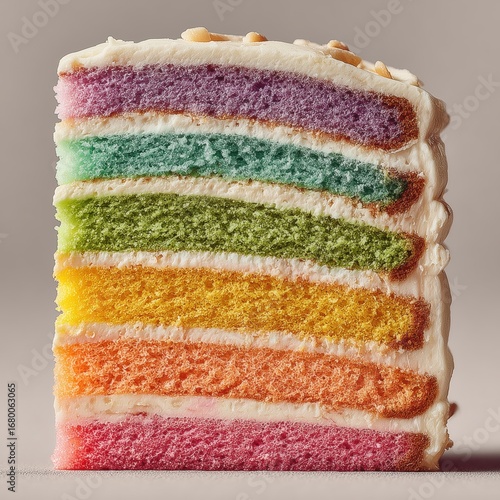 A close-up of a colorful rainbow cake slice with multiple vibrant layers and creamy frosting.
