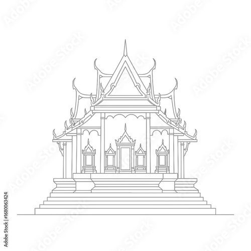 Gray Line Art Illustration of a Traditional Asian Temple