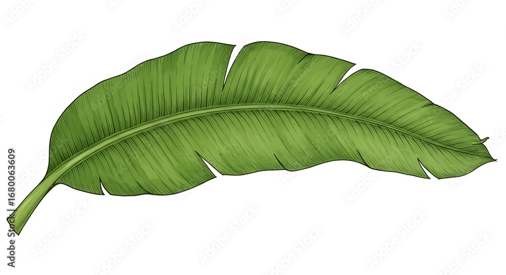 Obraz premium Green banana leaf with visible veins and tears isolated on a white background