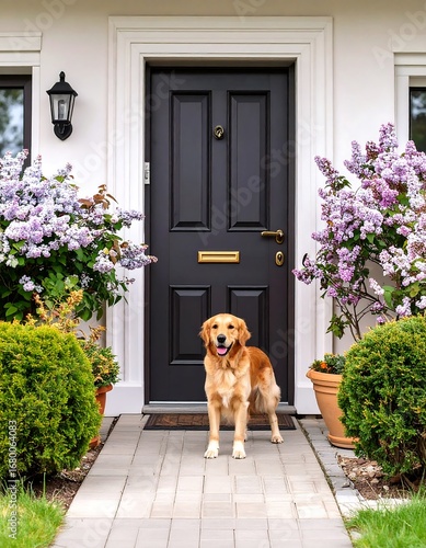 Golden Retriever at the front door of a house with lilac bushes