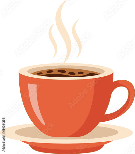 Steaming Cup of Coffee in Orange Mug and Saucer