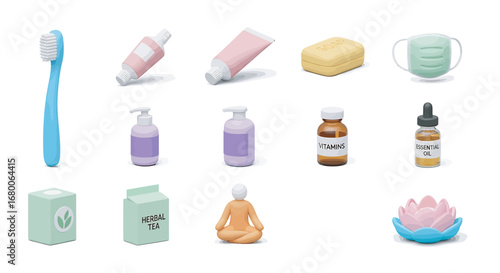Collection of personal care items arranged neatly on a white surface, showcasing hygiene and wellness products with a clean and minimalist aesthetic.