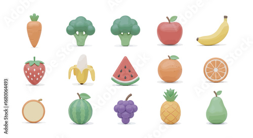 Assortment of fresh fruits and vegetables displayed in a neat row on a white surface, showcasing healthy eating and vibrant colors.