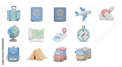Pastel travel elements arranged on white surface representing vacation planning and wanderlust, creating a whimsical and inviting atmosphere.