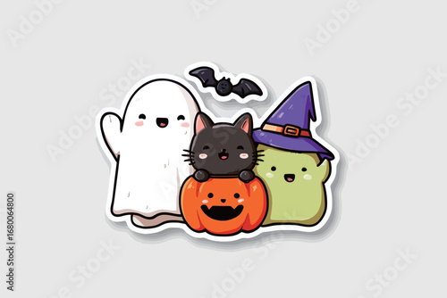 A cheerful ghost and a black cat sit atop a smiling pumpkin, wearing a witch hat. A small bat hovers above this adorable Halloween gathering filled with fun and whimsy.