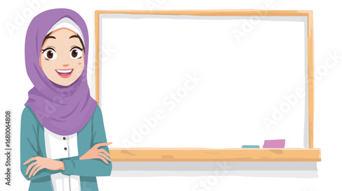 A woman wearing a hijab stands confidently with her arms crossed next to an empty whiteboard in a classroom. She is smiling and ready to engage students in learning.