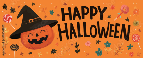 A festive Halloween decoration featuring a smiling pumpkin wearing a witch hat, surrounded by colorful candies and flowers on an orange background. Perfect for seasonal celebrations.