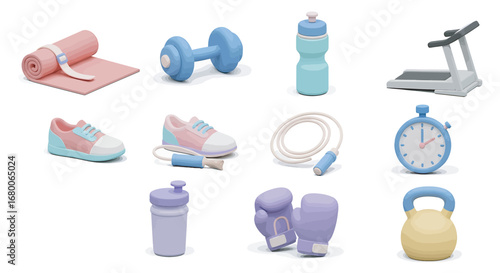 Collection of 3D rendered fitness equipment displayed on a white surface, promoting health and wellness with a clean, modern aesthetic.