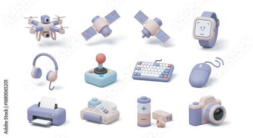 Pastel tech gadgets arranged neatly on white surface, showcasing modern technology and digital lifestyle with soft, playful aesthetic.