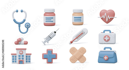 Medical equipment and supplies arranged neatly on a white surface, representing healthcare, wellness, and treatment in a clean and modern style.