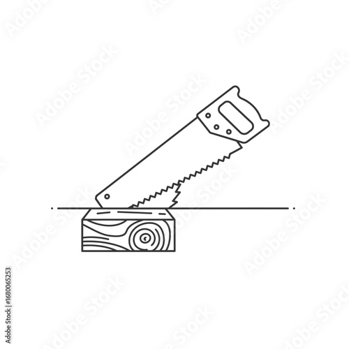 Hand Saw Cutting Wood Block Line Art Illustration