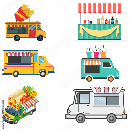 A vibrant collection of diverse food trucks and street vendor stalls offering delicious treats for urban culinary experiences and events