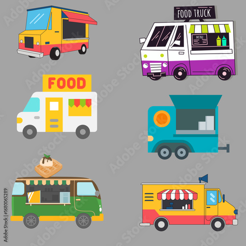 Collection of colorful cartoon food truck illustrations for street food concepts