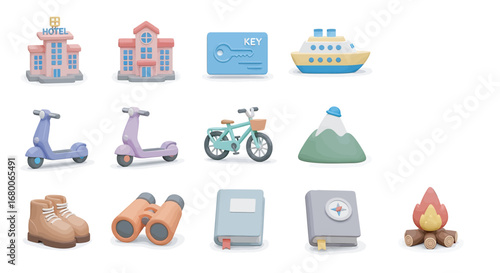 Pastel travel elements arranged on white surface representing journey and adventure with a soft, playful mood.