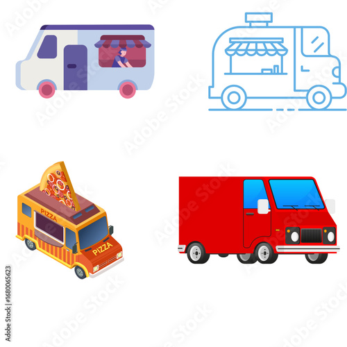 A versatile set of flat and isometric illustrations depicting food trucks and commercial delivery vans