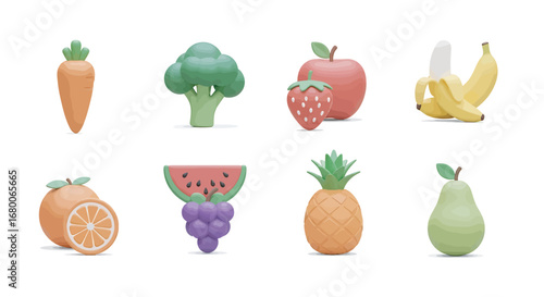 Colorful fruits and vegetables arranged neatly on a white surface, showcasing a healthy and vibrant assortment of fresh produce in a playful style.