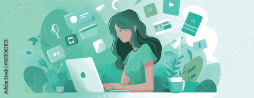 A woman with long hair focuses on her laptop in a peaceful workspace. Various digital icons related to communication and productivity hover around her, creating an inspiring atmosphere for work.