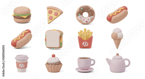 Delicious assortment of miniature clay food models displayed on a white surface, showcasing a playful and whimsical collection of culinary delights, evoking a sense of joy and creativity.