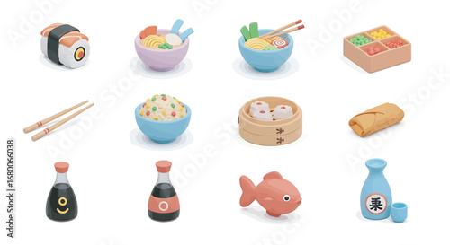Assortment of miniature toy Asian foods displayed on white surface, showcasing sushi, noodles, dim sum, and other dishes in a playful, colorful arrangement.