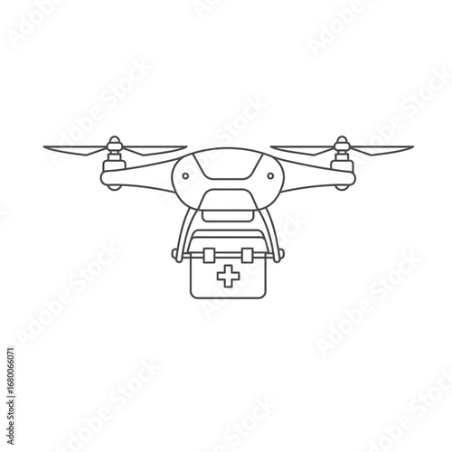 Line Art Illustration of a Drone Delivering a Medical Kit