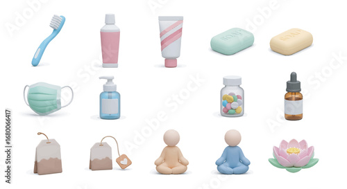 Assorted hygiene and wellness products arranged on a white surface, promoting selfcare and healthy lifestyle with a calming and minimalist aesthetic.