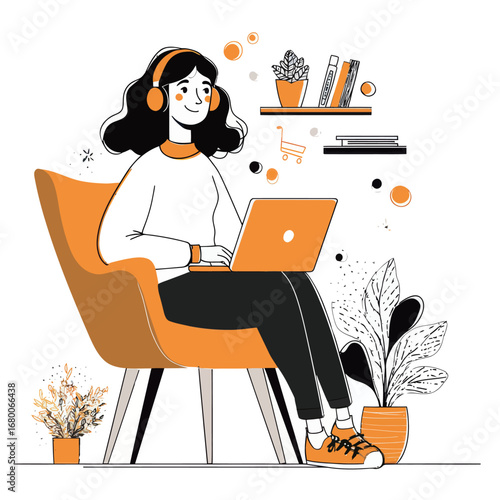 A woman sits comfortably in an orange chair, wearing headphones and typing on her laptop. Surrounding her are potted plants and shelves filled with books, creating a pleasant work environment.