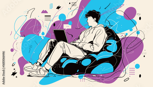 A young individual sits comfortably in a bean bag chair, focused on their laptop. Colorful abstract shapes surround them, creating a vibrant atmosphere of creativity and relaxation.