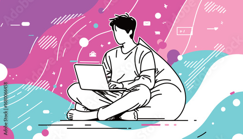A person sits cross-legged on a bean bag, using a laptop in a colorful setting filled with abstract designs. The relaxed atmosphere enhances focus and creativity during work.