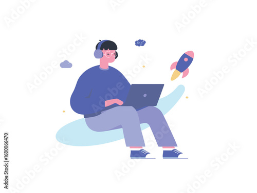 Individual wearing headphones focuses on a laptop, deeply engaged in work. A rocket and clouds emphasize a creative and playful environment, highlighting innovation and productivity.