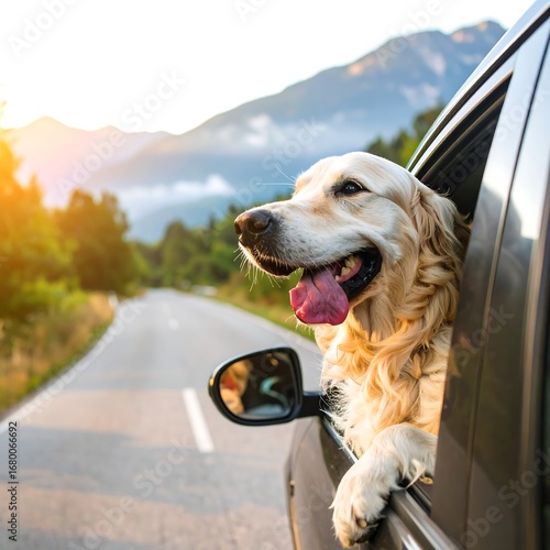 Golden retriever dog in a car window, enjoying a scenic drive