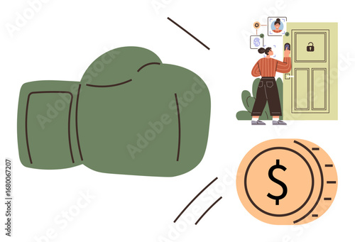 Boxing glove symbolizing struggle, a person unlocking a door for success, and a dollar coin for financial goals. Ideal for resilience, problem solving, financial management, business growth, economic