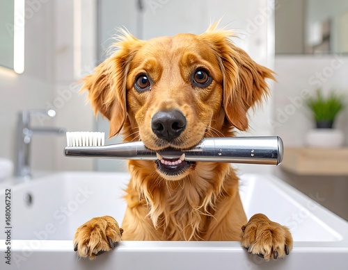 Golden retriever dog in a bathtub holding a toothbrush