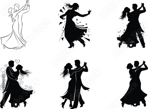 Dancing couple silhouettes vector set, ballroom dance, tango illustration, romantic artwork, lifestyle design, wedding dance, black artwork, love relationship, performance collection