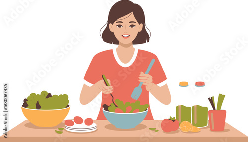 Woman preparing a healthy salad with fresh ingredients
