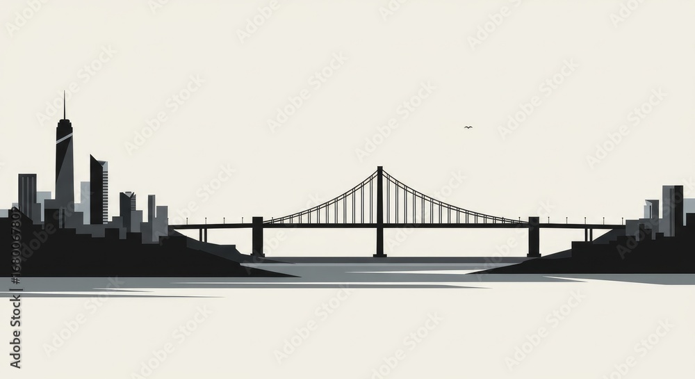 Obraz premium Minimalist Cityscape Silhouette: Bridge, Skyscrapers, and Water Reflection in Monochrome