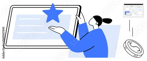 Woman interacts with touchscreen featuring a star. Includes digital interface window and coin. Ideal for technology, innovation, success, creativity, digital marketing, user interface engagement. A