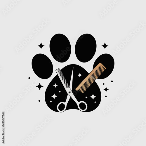 Pet Grooming Icon – Paw Print with Scissors and Comb Vector