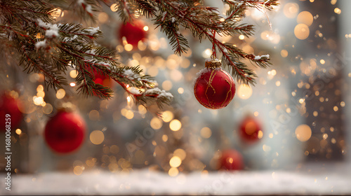 전구 장식과 빨간 오너먼트 크리스마스 트리 가지