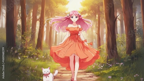 Anime Girl Walking in a Magical Forest with a Cat