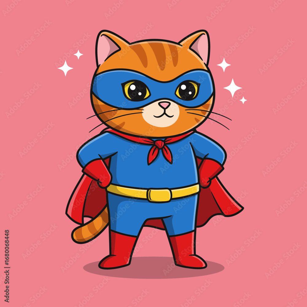Obraz premium Cute Superhero Cat Cartoon – Masked Kitty in Cape Vector Illustration